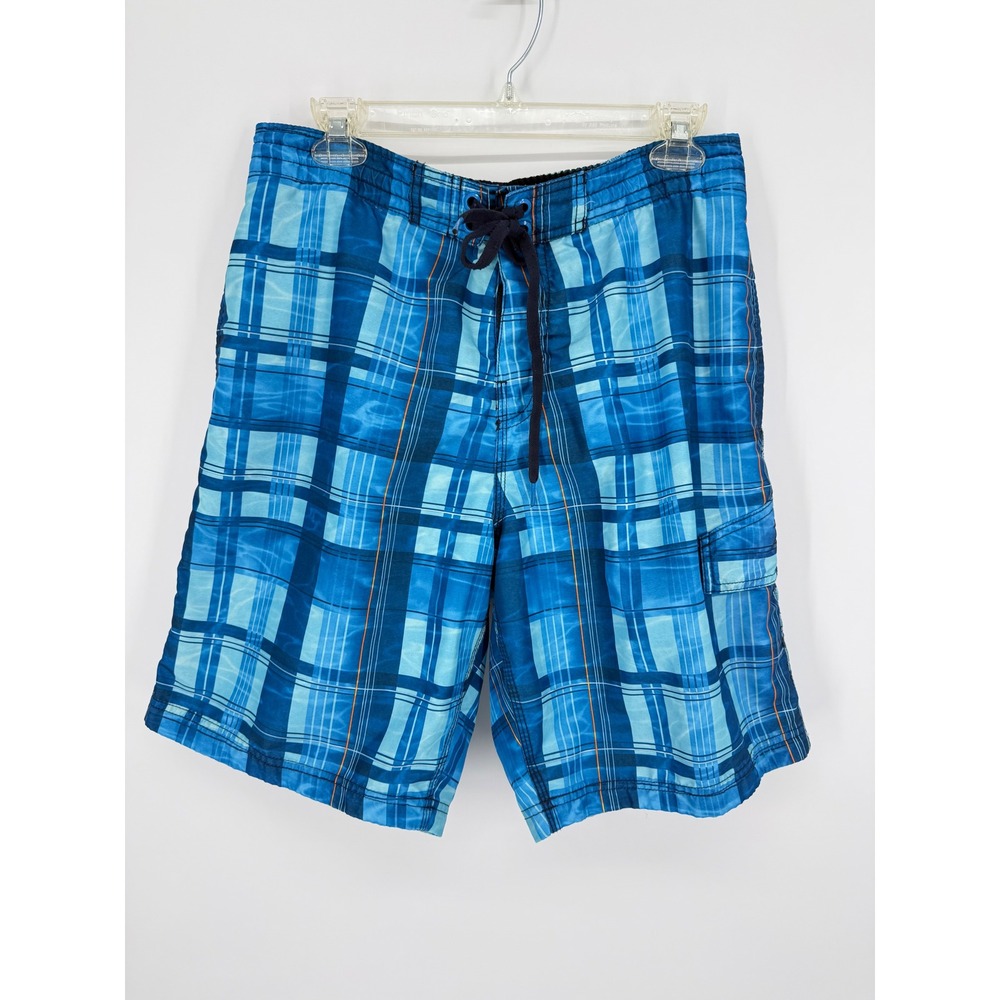 Speedo Swim Trunks Mens Medium Blue Plaid Cargo Pocket Boardshorts Mesh Lined